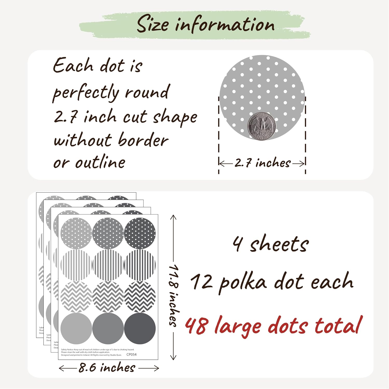 Boho Polka Dot Wall Sticker, 48 Removable and Repositionable Pattern Decals - Premium Fabric Material, Polka Dots, Stripes, Chevrons and Solid in 3 Shades of a Color (Grey) image 2