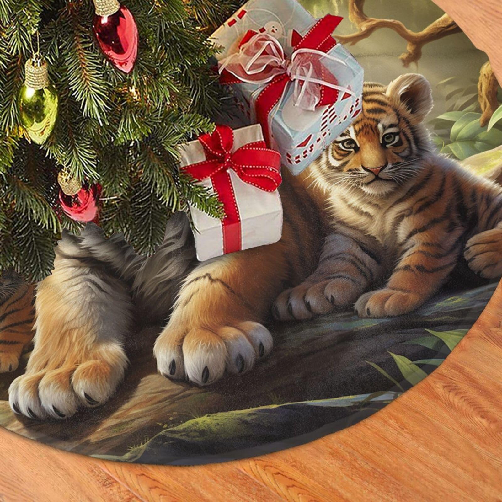 Fodpand Black Jungle Tigers Cub Christmas Tree Skirt 48" Velvet Xmas Tree Skirt Mat Rustic Christmas Tree Mat Cover Winter Xmas Tree Collar For Indoor Outdoor Christmas Decorations