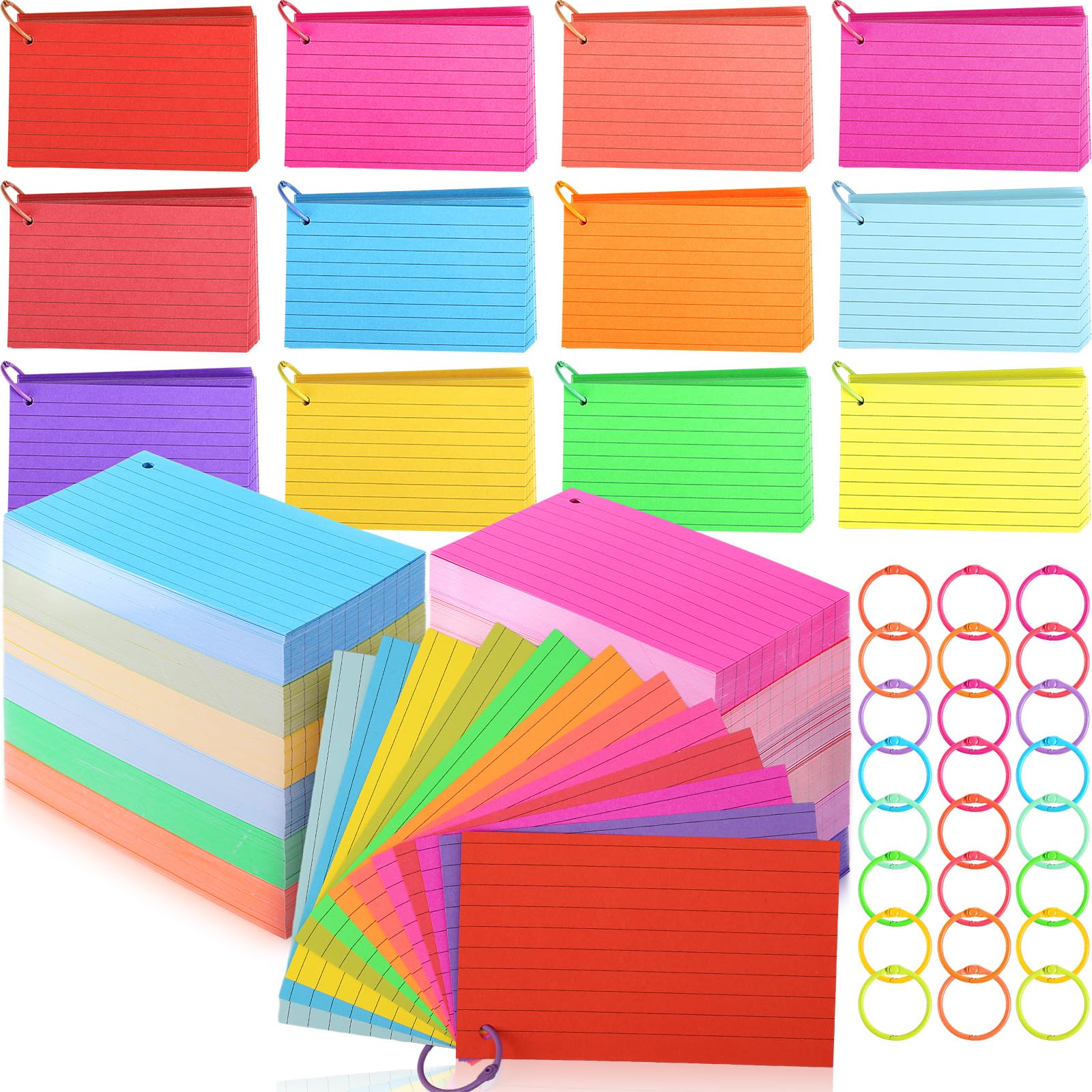 Ctosree 1440 Pcs Back to School Gifts Colored Index Cards with Binder Ring Ruled Flash Cards 12 Color Lined Note 56lb Cover for Studying Memory Office