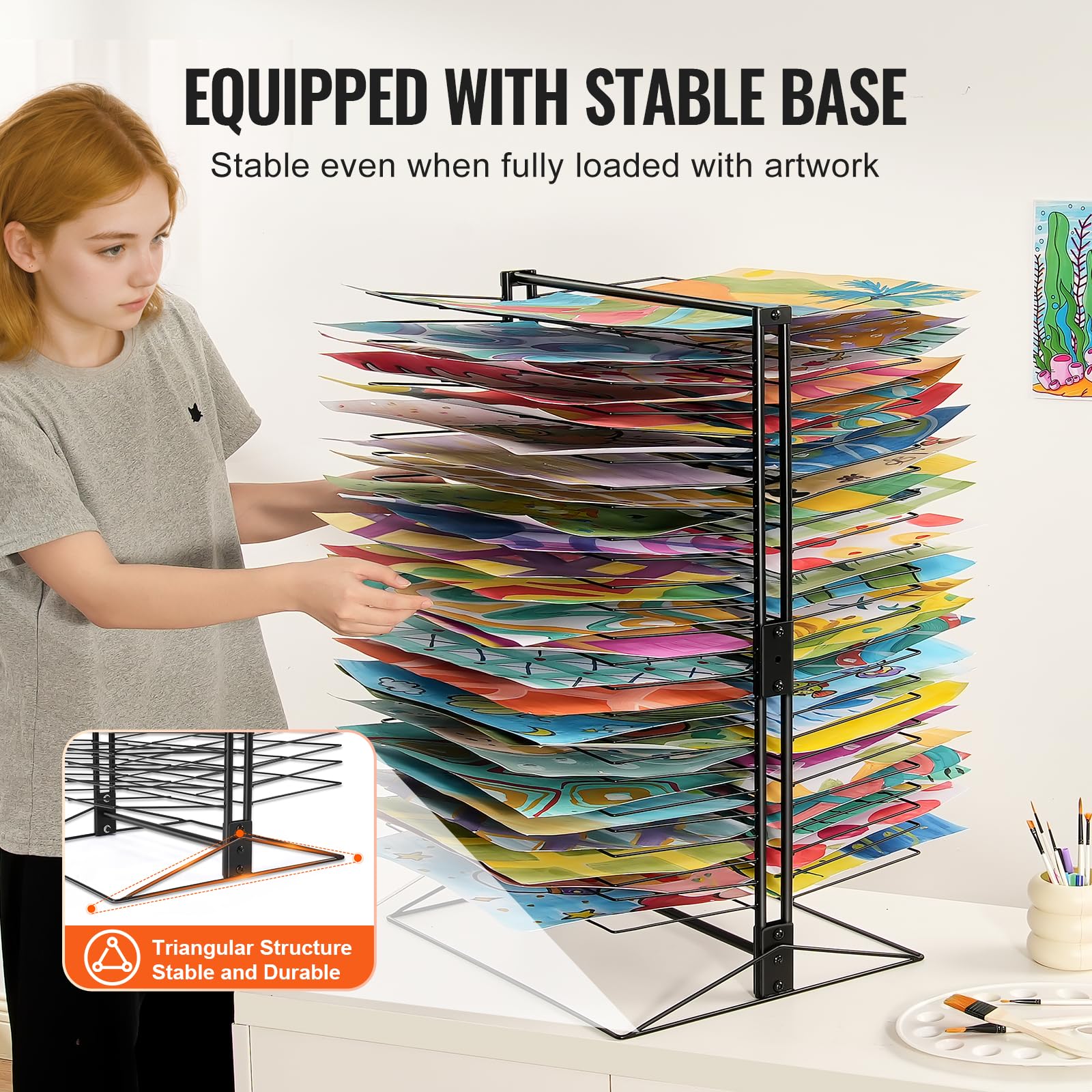 VEVOR Sèche-Dessins, Séchoir à Dessins 50 Étagères Amovibles, Support de Séchage d'Œuvre d’Art 508x432x762 mm, en Acier au Carbone, avec Base Stable, pour Salle de Classe, Studios d'art, Écoles, Noir