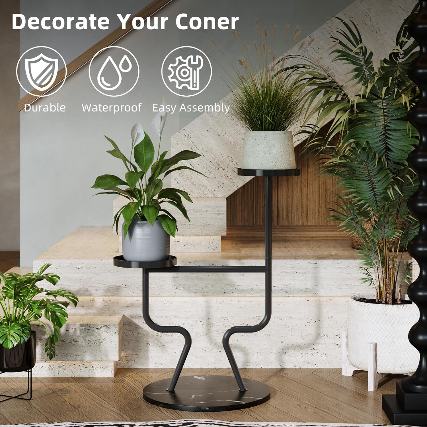 Modern Metal Plant Stand Indoor, 2-Tier Flower Holder with Marble Base, Tall Tiered Planter Shelf for Living Room, Balcony, Office, Stable Iron Plant Display Rack (Black)