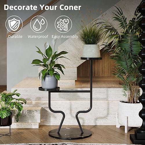 Miniatura 2 de Moderno soporte de metal para plantas de interior, soporte de flores de 2 niveles con base de mármol, estante alto para macetas de niveles para sala