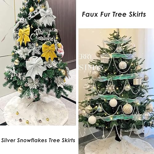 Miniatura 2 de Falda de árbol de Navidad de 48 pulgadas, falda de árbol de piel sintética blanca con copos de nieve plateados, tapete grande de felpa para árbol de