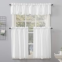 Vista 2 de No. 918 Mariela Floral Trim Semi-Sheer Rod Pocket Kitchen Curtain Valance and Tiers Set, 58" x 36", White