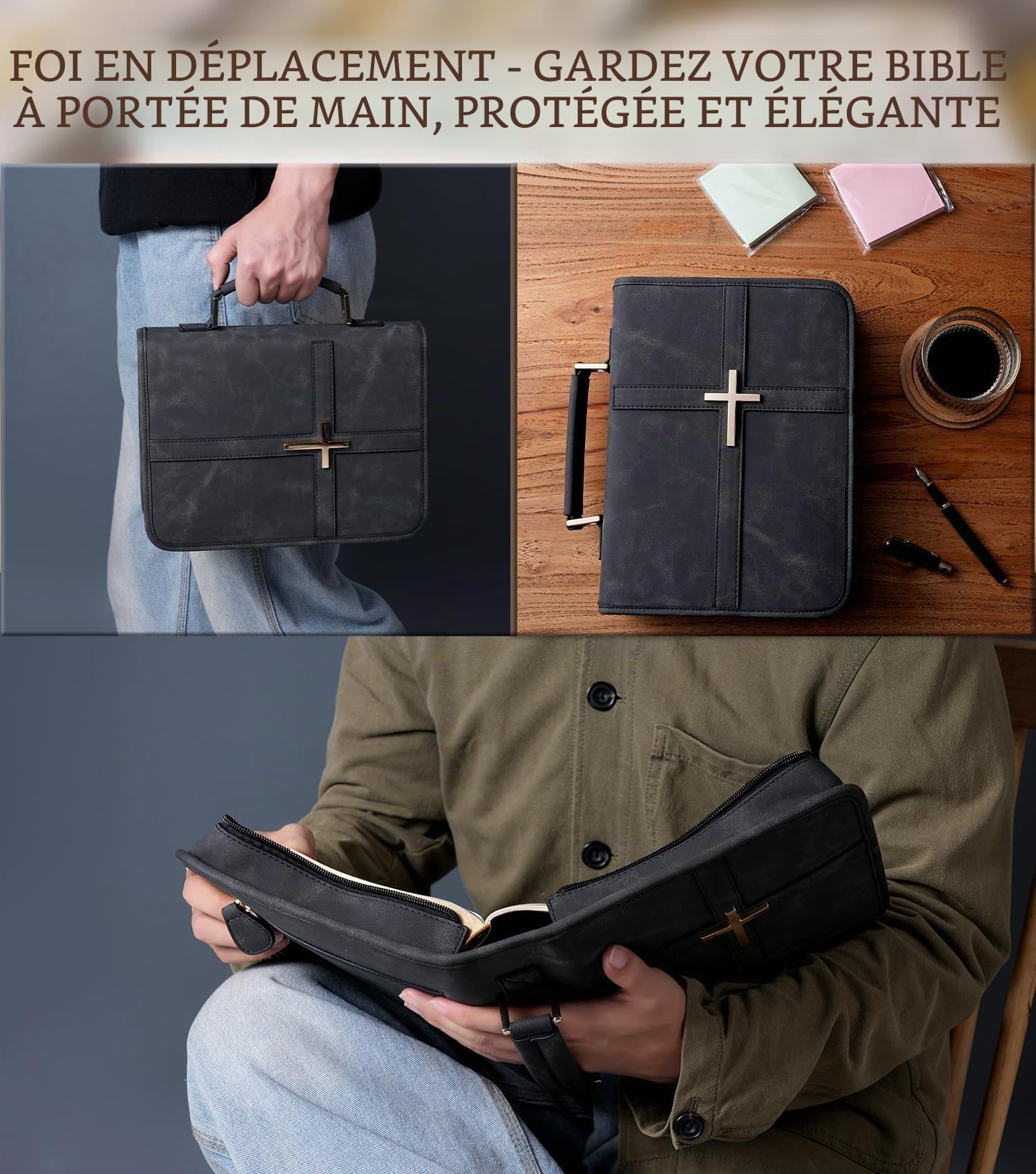 Étui bible en cuir végétalien, sac bible avec poche pour téléphone, étui bible pour homme et femme, emballage cadeau chrétien