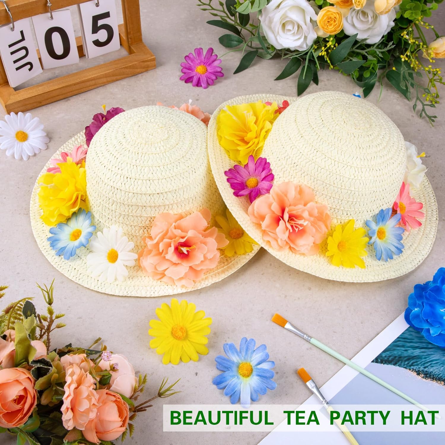90 Pcs DIY Straw Hats 10 Pcs Tea Party Hats for Girls and 80 Artificial Flowers for Tea Party Birthday Decoration - Image 5