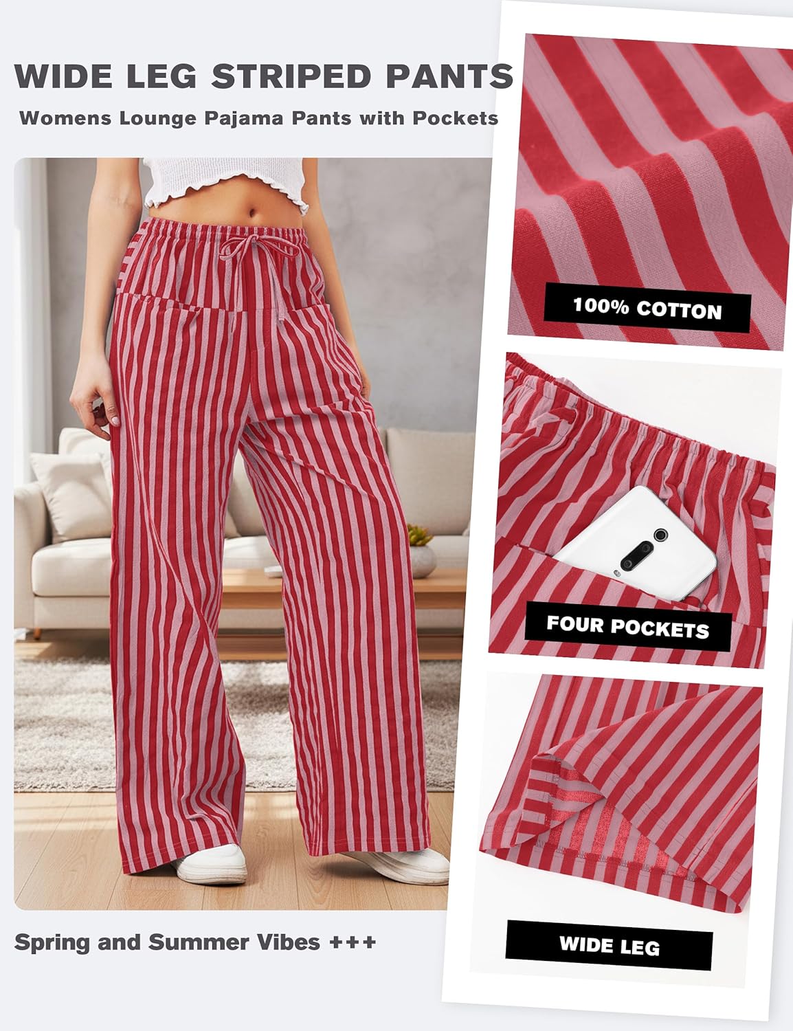 2026 Summer Striped Pants Women Loose Wide Leg Drawstring Pants Lightweight Low Rise Lounge Trousers with Pockets - Image 3