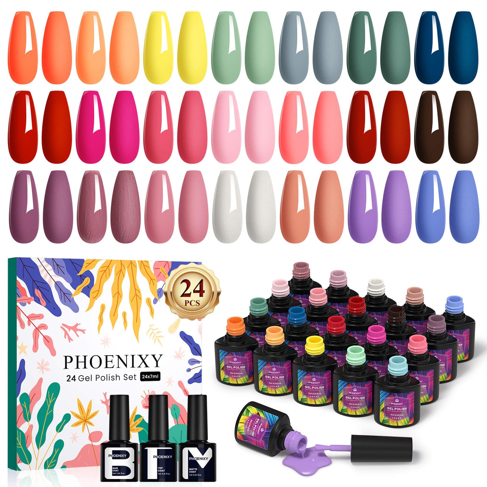 Phoenixy 24Pcs U V Nagellack, 21 Farben U V Nagellack Set mit Unterlack und Überlack, Gel Nägel Set Kit Uñas