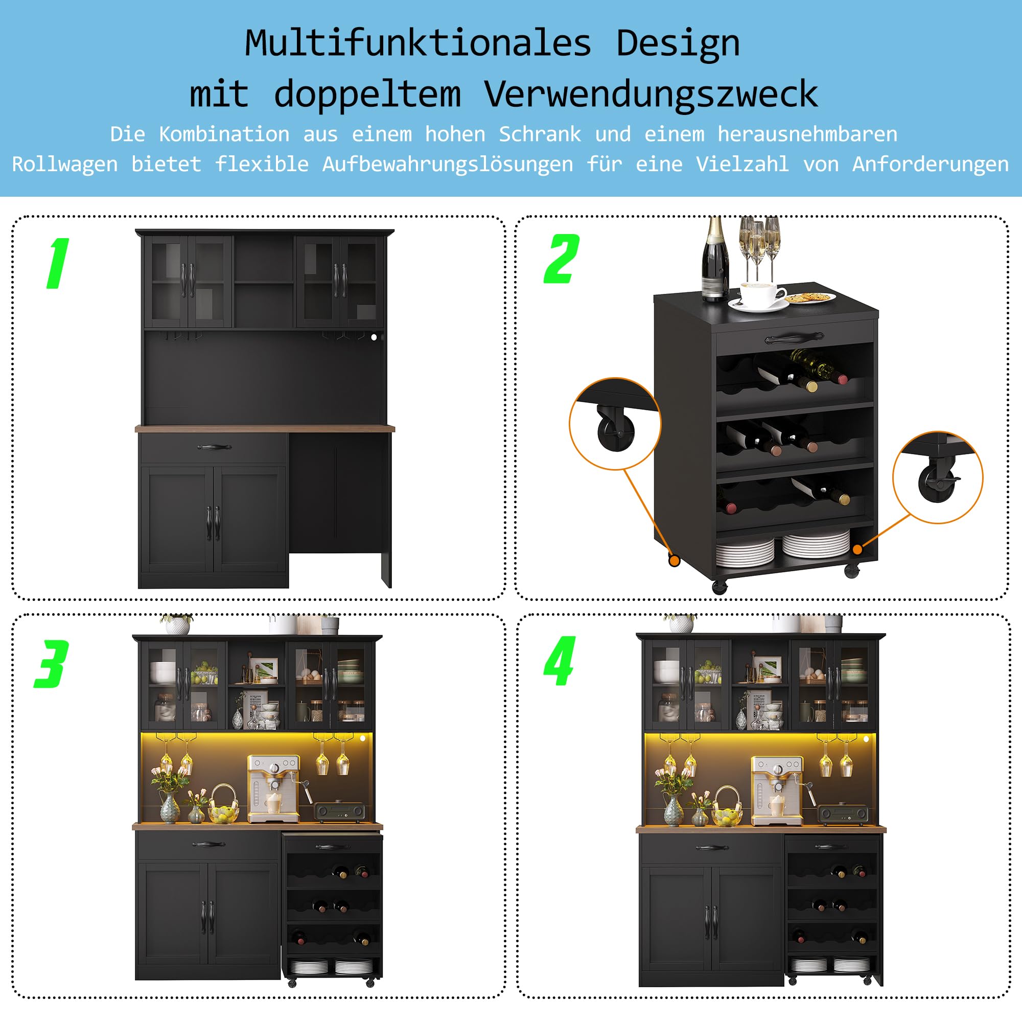 DHHU Meuble de Cuisine avec éclairage LED, Buffet Haut avec Chariot Amovible, 4 Portes en Verre avec Plan de Travail, Rangement Vin, 2 Tiroirs, Armoire de Rangement Haute pour Cuisine (Noir-4S)