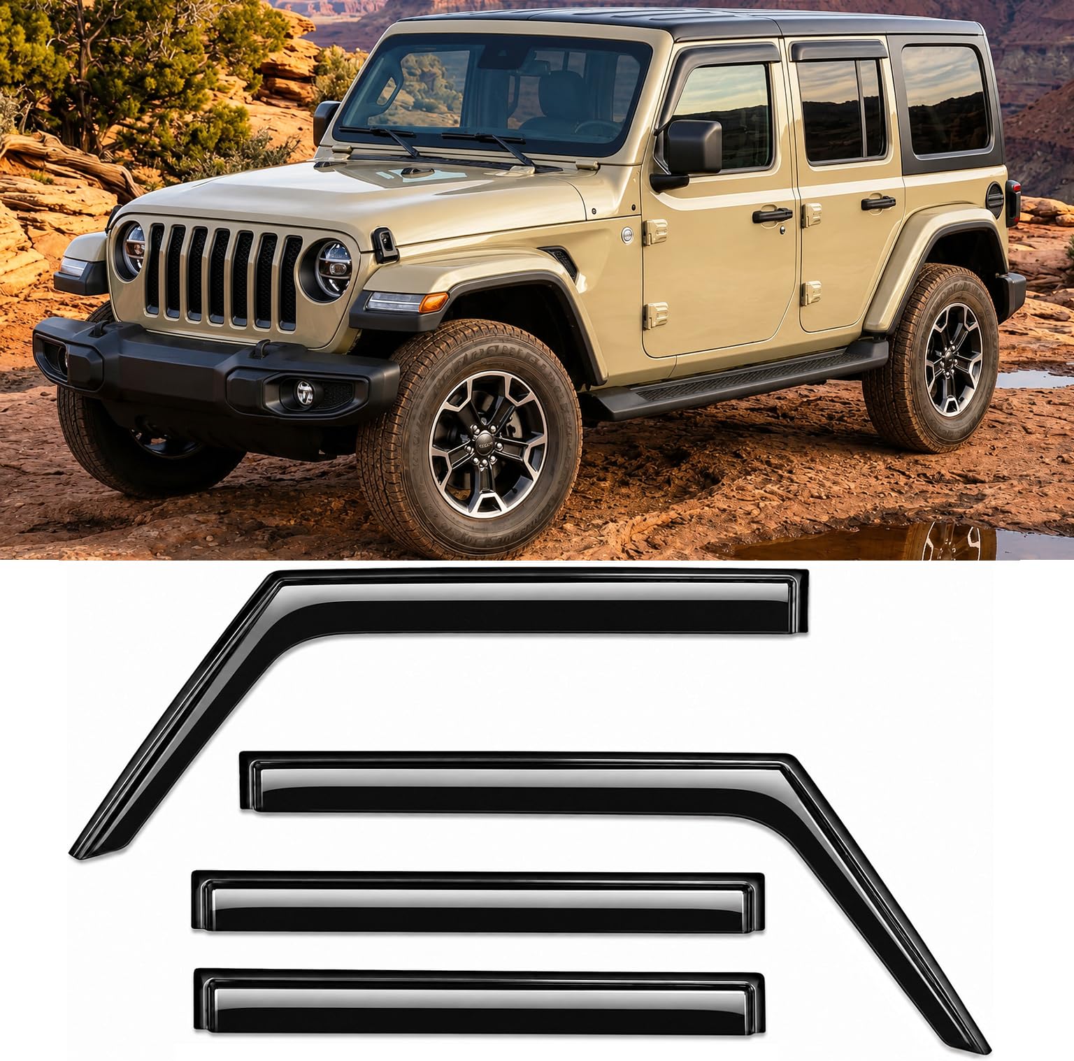 2018-2026 Tape-On Side Window Deflector Visors for Jeep Wrangler JL Unlimited 4 Door & for Jeep Gladiator JT 2020-2026 Smoke Tinted Rain Guards