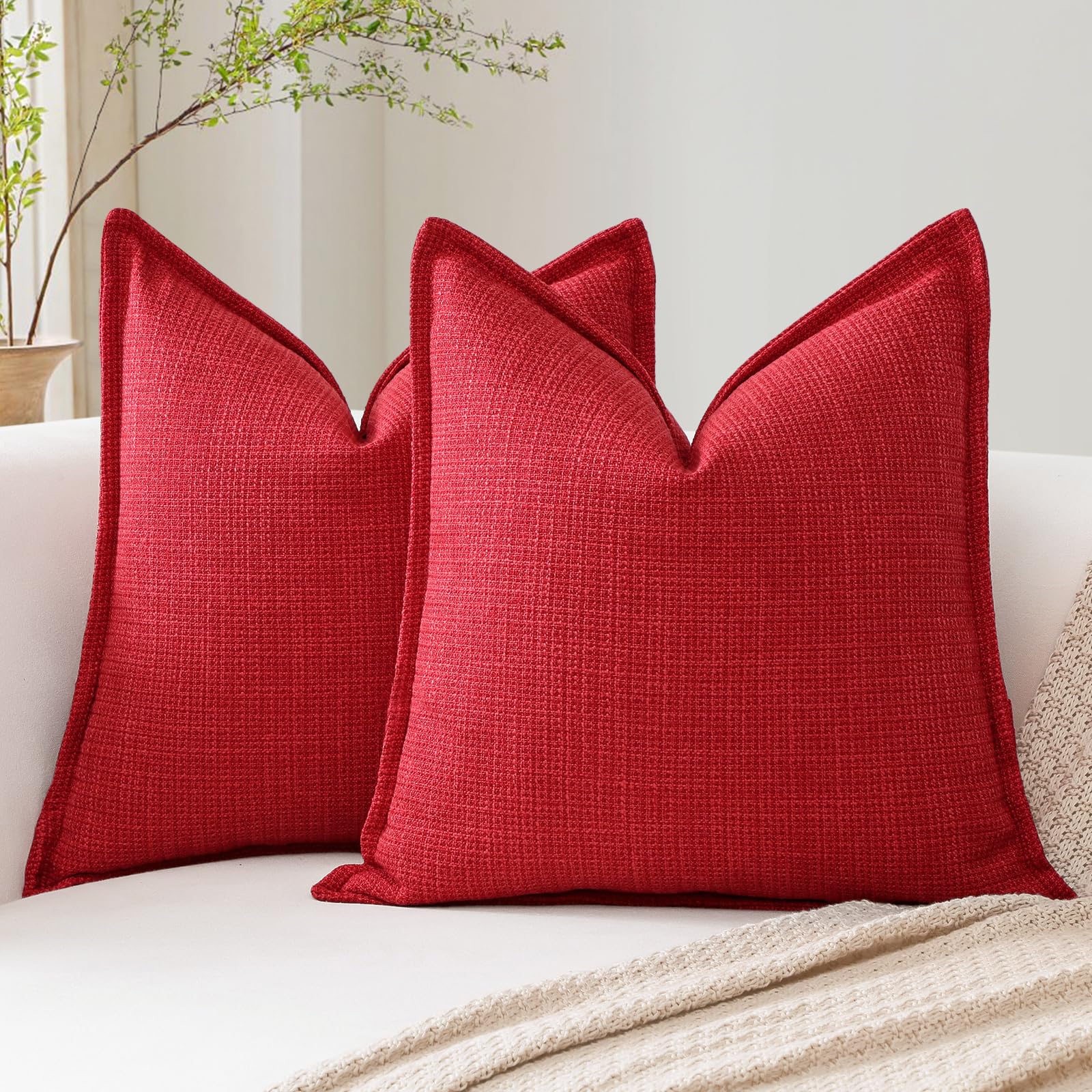 Artscope Pack of 2 Red Decorative Cushion Covers 22x22 Inch Soft Linen Texture Couch Throw Pillows Farmhouse Pillow Covers with Elegant Design for Sofa Bedroom Living Room Home Decor 55 x 55 CM