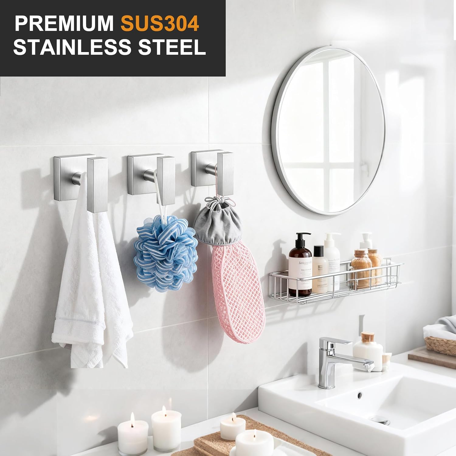 Towel Hooks for Bathrooms, Brushed Nickel Towel Hook for Kitchen Bathroom, SUS304 Stainless Steel Coat Hook, Square Heavy Duty Holder Robe Hooks for Hanging Towels, Coats, sponges, Wall Mount, 4 Pack