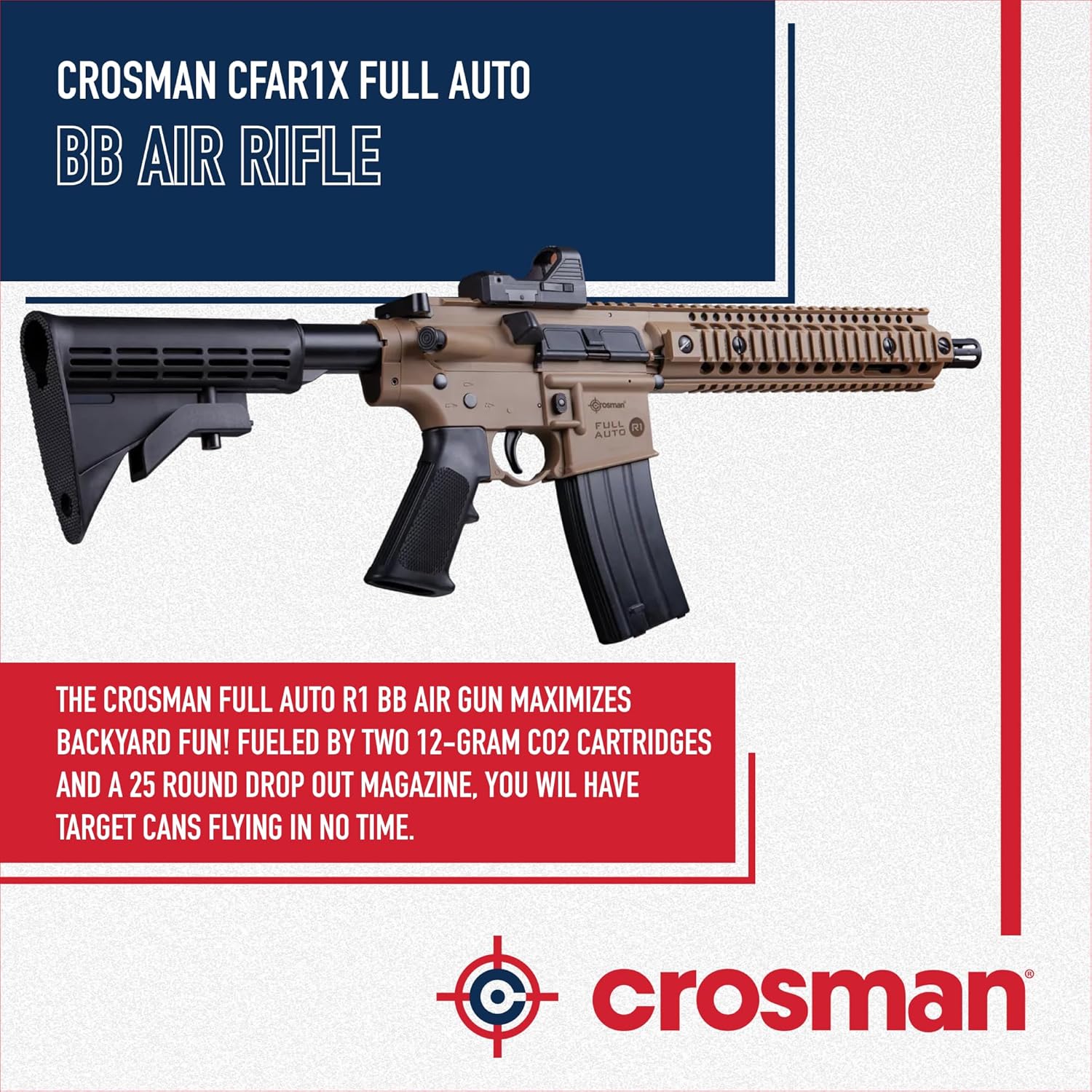 Crosman CFAR1X Full Auto R1 CO2-Powered BB Air Rifle And Red Dot Sight, Black/FDE