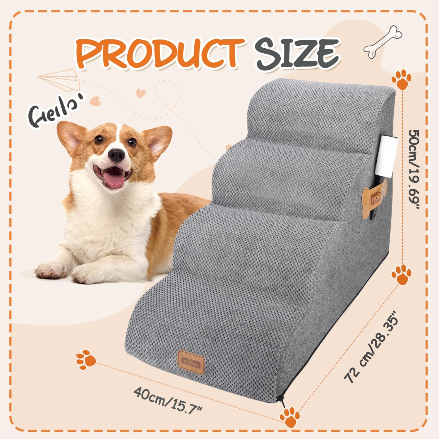 Nobleza Escalera para Perros, Escaleras Rampa para Perros Mascotas de Espuma de 4 Escalones con Rodillo para Pelusa, Escalera para Cama de Perros Pequeños Perros y Gatos Subir a la Cama