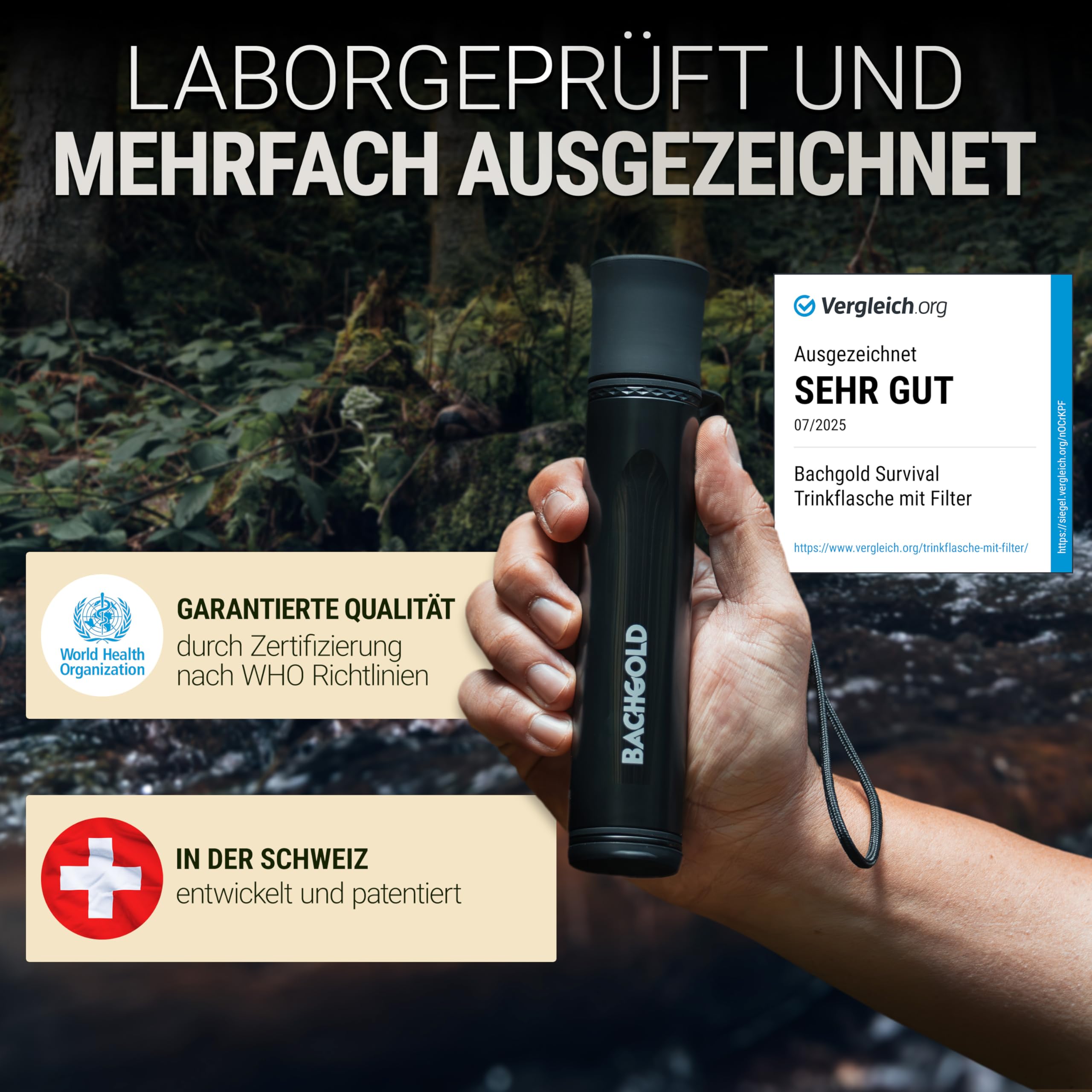 Bachgold Straw Wasserfilter Outdoor Survival – Entfernt 99,99% Viren, Bakterien & Protozoen – 2-Stufen Elektroadsorption mit 70 cm Schlauch – Ultraleicht, für Camping, Wandern & Notfall, Schwarz