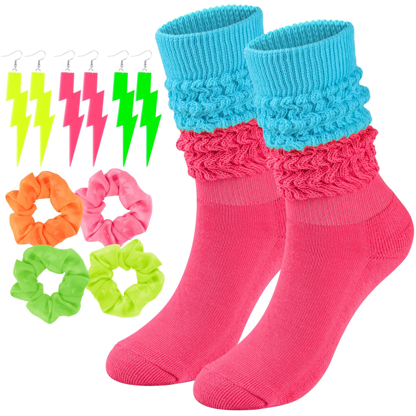 Neon Slouch Socks for Women, 80s 90s Scrunch Knee High Socks