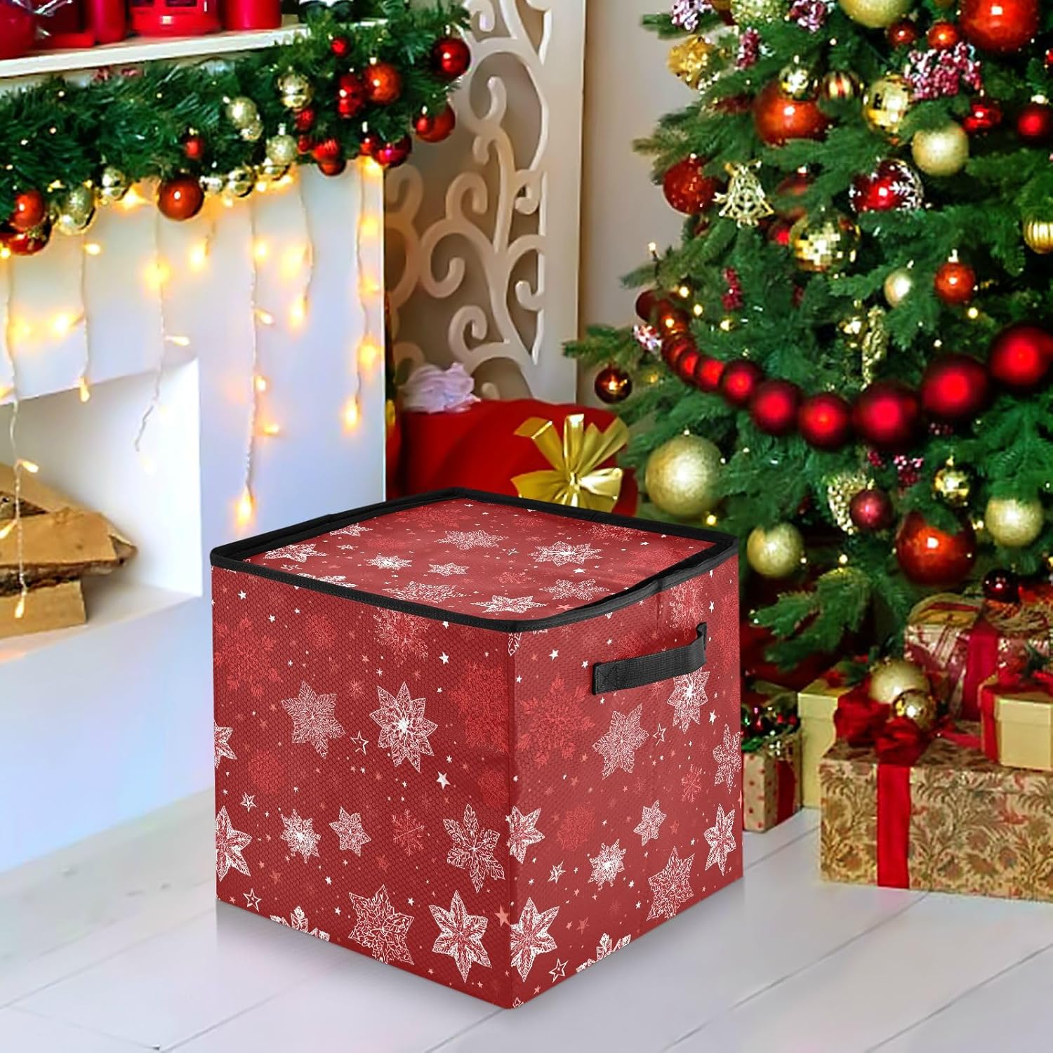 OTVEE Christmas Ornament Storage Box Holiday Decoration Organizer Stores upto 64 Holiday Ornaments Adjustable Dividers Tear-Proof Fabric Red Snowflake Decor