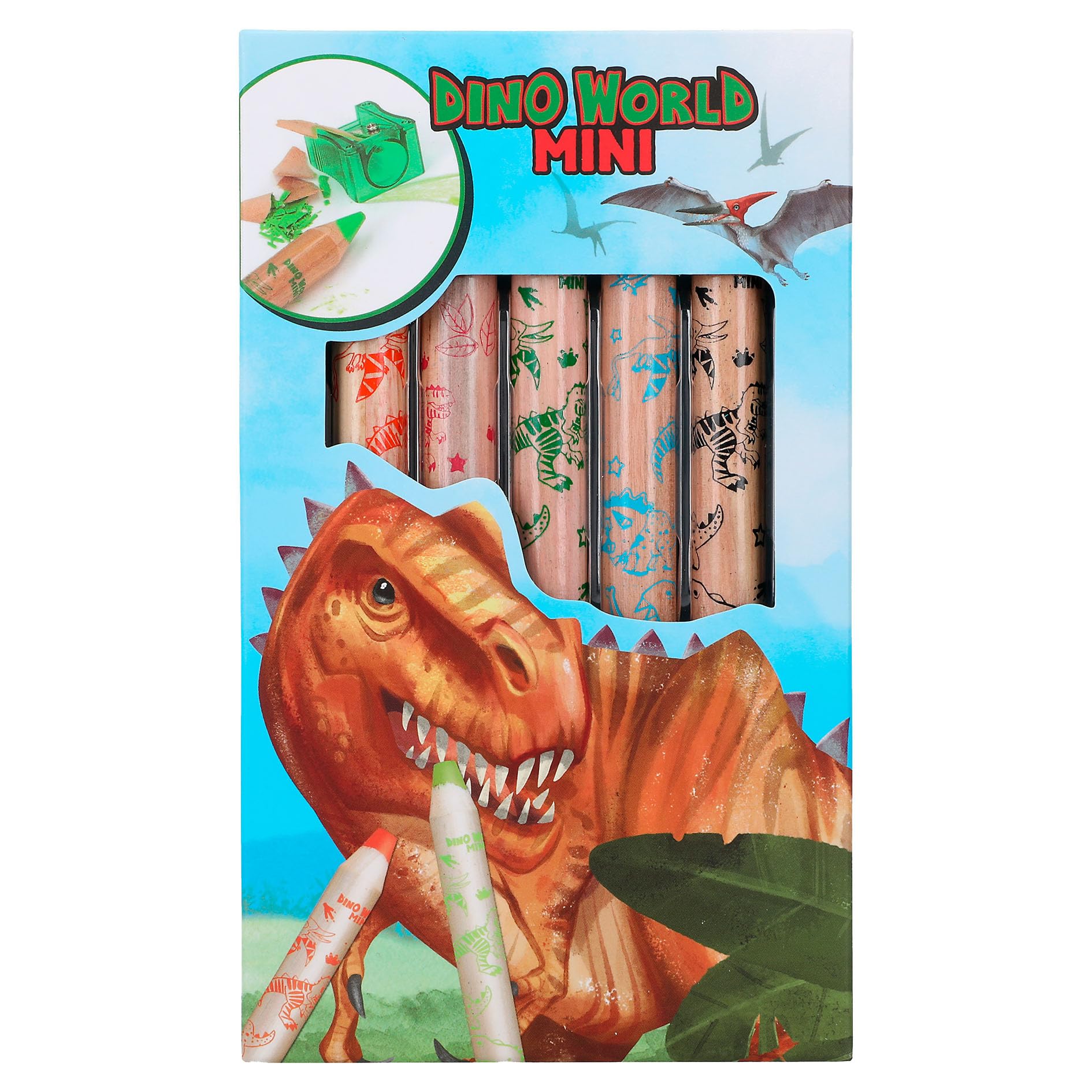 Depesche 12180 Dino World - Mini lápices de Colores Dino, 5 lápices de Colores Gruesos Incl. sacapuntas