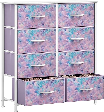 GOOBED Fabric Dresser Drawer, Tall Storage Dresser with 8 Drawers, Chest of Drawers, Storage Drawer Organizer for Closet, Living Room, Closets, Tie-dye Purple