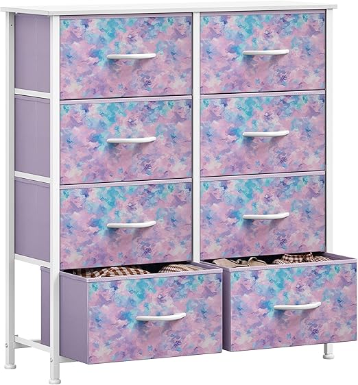 GOOBED Fabric Dresser Drawer, Tall Storage Dresser with 8 Drawers, Chest of Drawers, Storage Drawer Organizer for Closet, Living Room, Closets, Tie-dye Purple