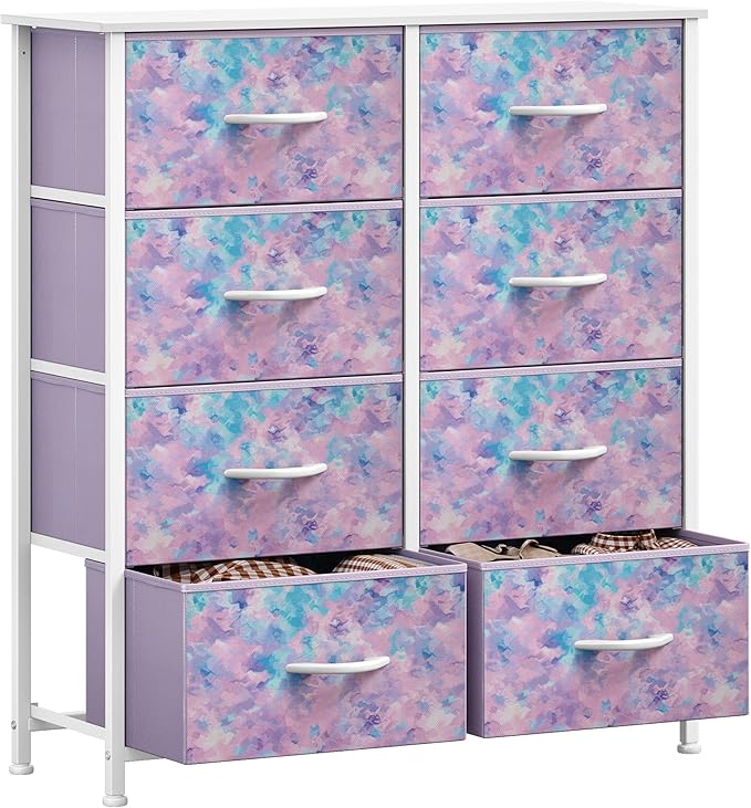 GOOBED Fabric Dresser Drawer, Tall Storage Dresser with 8 Drawers, Chest of Drawers, Storage Drawer Organizer for Closet, Living Room, Closets, Tie-dye Purple