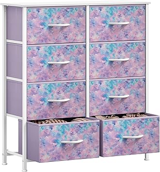 GOOBED Fabric Dresser Drawer, Tall Storage Dresser with 8 Drawers, Chest of Drawers, Storage Drawer Organizer for Closet, Living Room, Closets, Tie-dye Purple