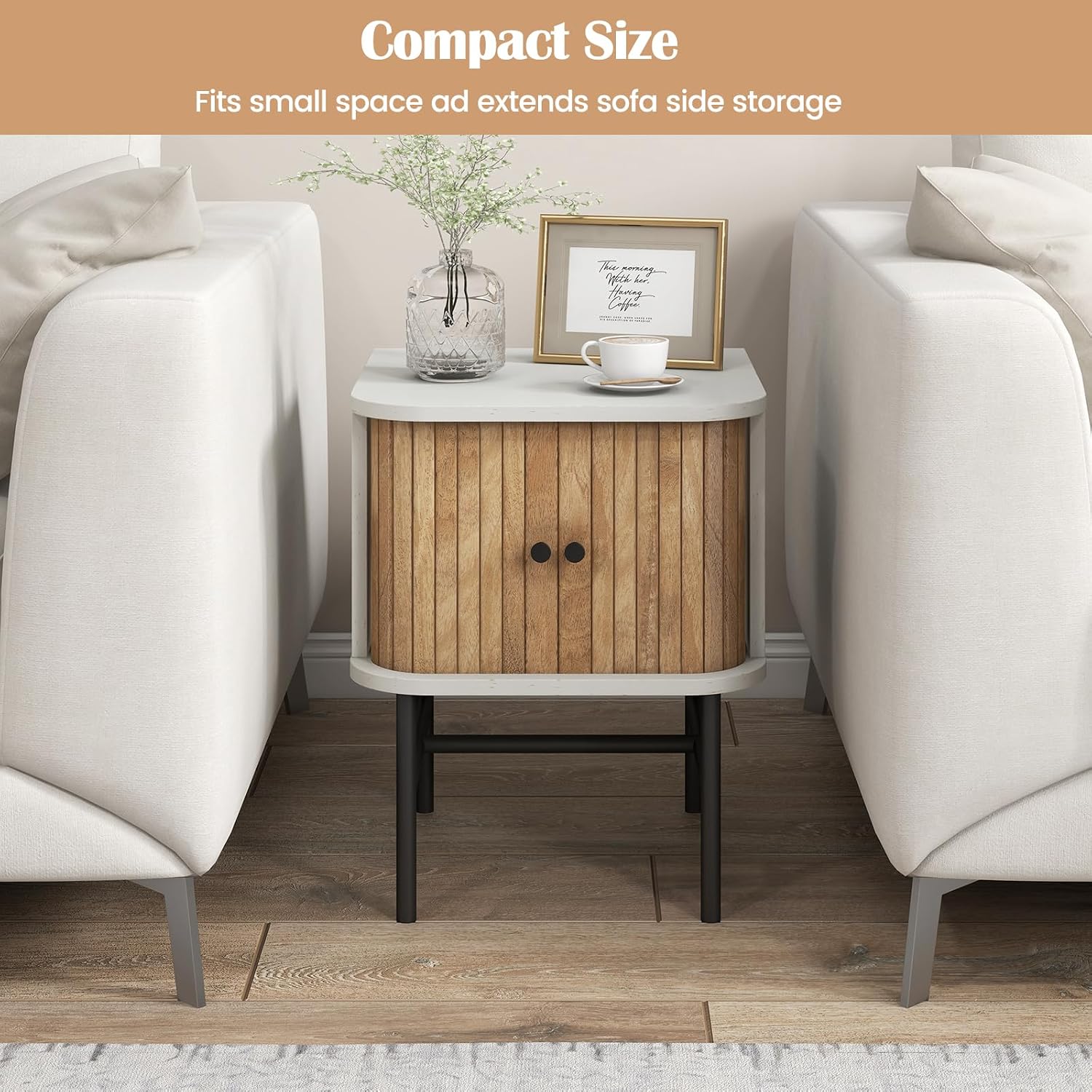 LOKO Sliding Door Nightstand Set of 2, Mid-Century Storage End Table with Solid Metal Legs, Modern Small Bedside Table, Compact Sofa Side Table for Bedroom, Hallway, Small Space, White
