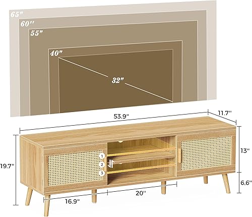 Miniatura 7 de SUPERJARE Soporte de TV bohemio para TV de 65 pulgadas, centro de entretenimiento con estante ajustable, consola de TV de ratán con 2 gabinetes,