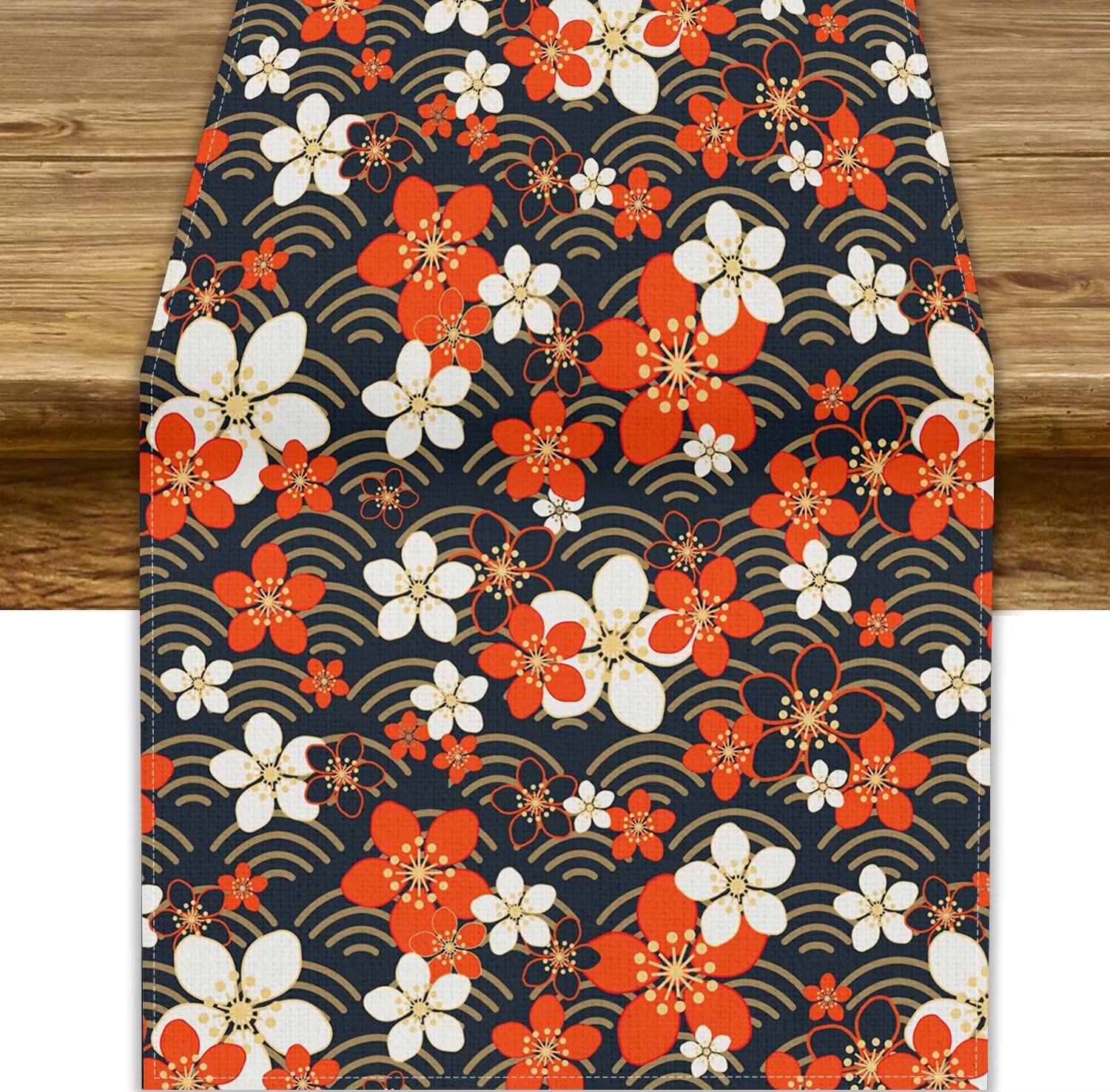 Japaneses Flowers Table Runner,Traditional Oriental Cute Colors Flowers Chinese Style Kitchen Dining Table Decor for Wedding Indoor Outdoor 13x60in
