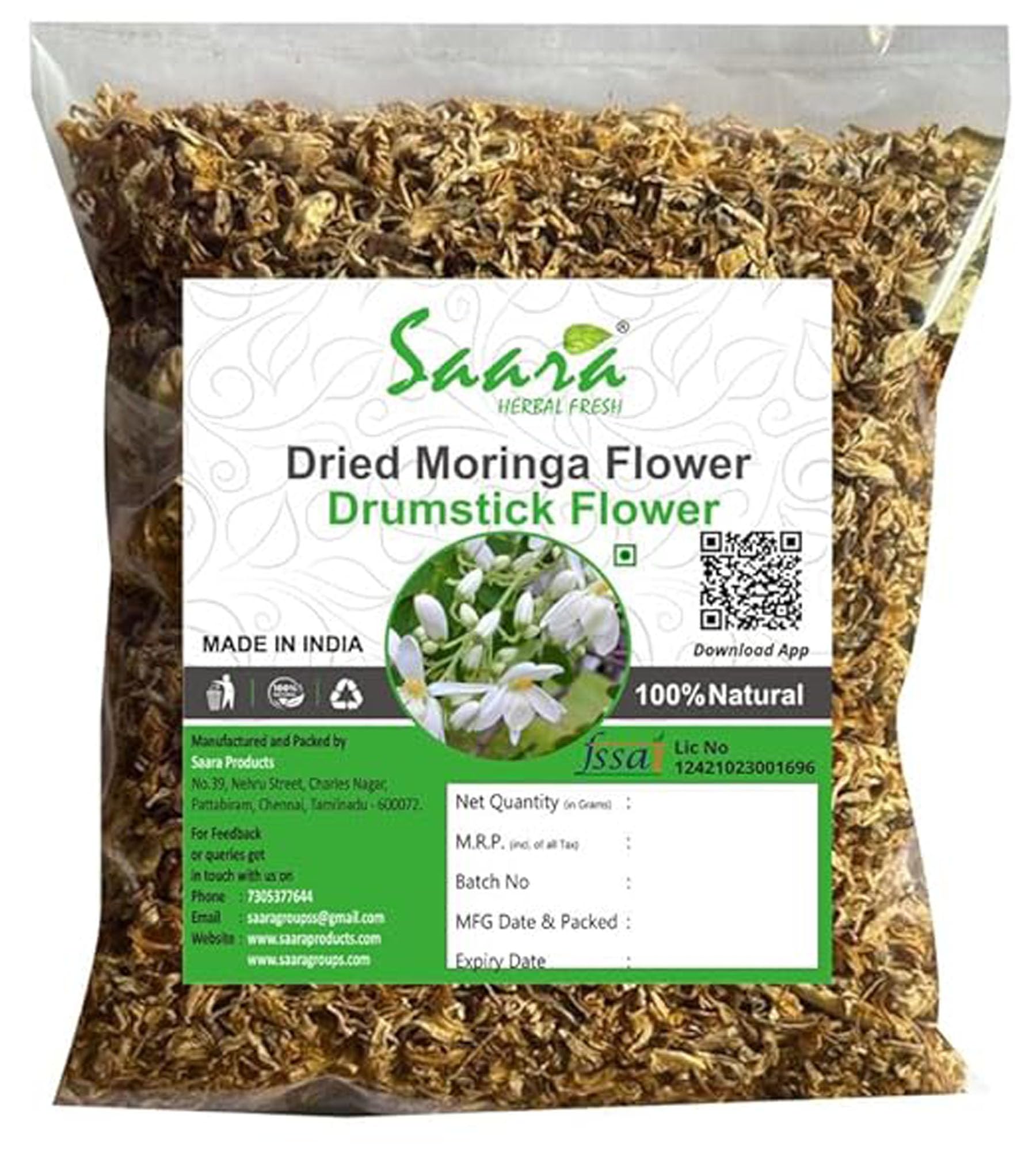 Saara HERBAL FRESH Moringa Flower Dried, Murungai Poo, Drumstick Flower, Boosts Immune System, 250g(Pack of 2 X 100gm, Pack of 1 X 50gm)
