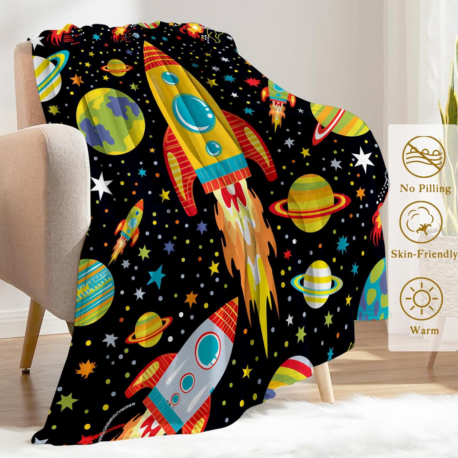 Fun Space Adventure Throw Blanket- Ultra Soft, Fleece, Lightweight,Colorful Rocket and Planet Blankets, for Couch Room Bedroom, Modern Decor, Gifts for Boys & Astronaut Lovers 50x60in - Image 3