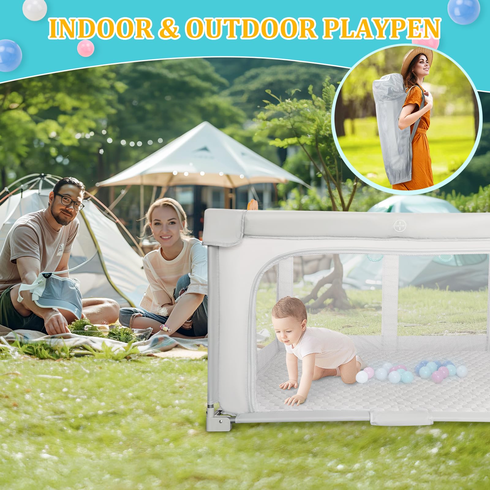 Jardín Plegable Bebé 127×127cm: Interior/Exterior – Bolsa, 20 Pelotas, 4 Anillos + Canasta, Colchoneta Espuma