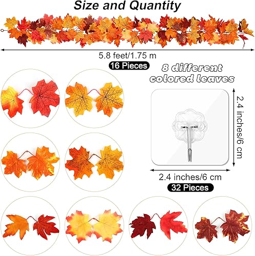 Miniatura 9 de Guirnalda de hojas de arce de otoño de 5.8 piespieza, guirnalda artificial de follaje de otoño para colgar en otoño, guirnalda de hojas coloridas