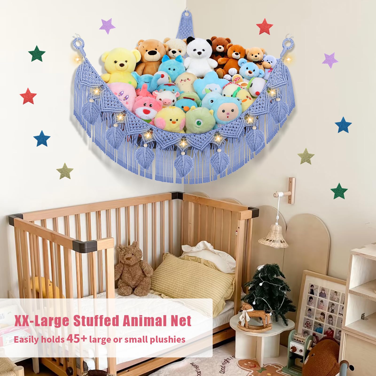 Stofftier-Hängematte, Boho-Blattquasten, Eckspielzeughalter, Wandmontage, Hängenetz-Organizer für Kinderzimmer, Dekoration, Plüschtiernetz mit Lichterkette für Jungen und Mädchen, Himmelblau