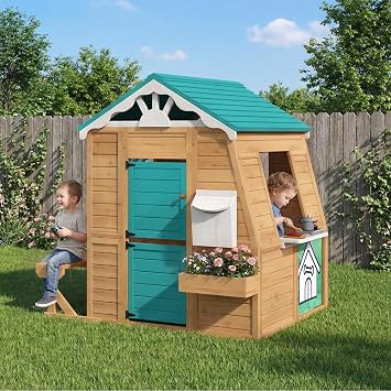 EROMMY Wooden Kids Playhouse Cottage with Bench, Split Door, Mailbox, Blackboard, Toy Sink & Kitchen Playset, 70.9" x 50.4" x 57.1"