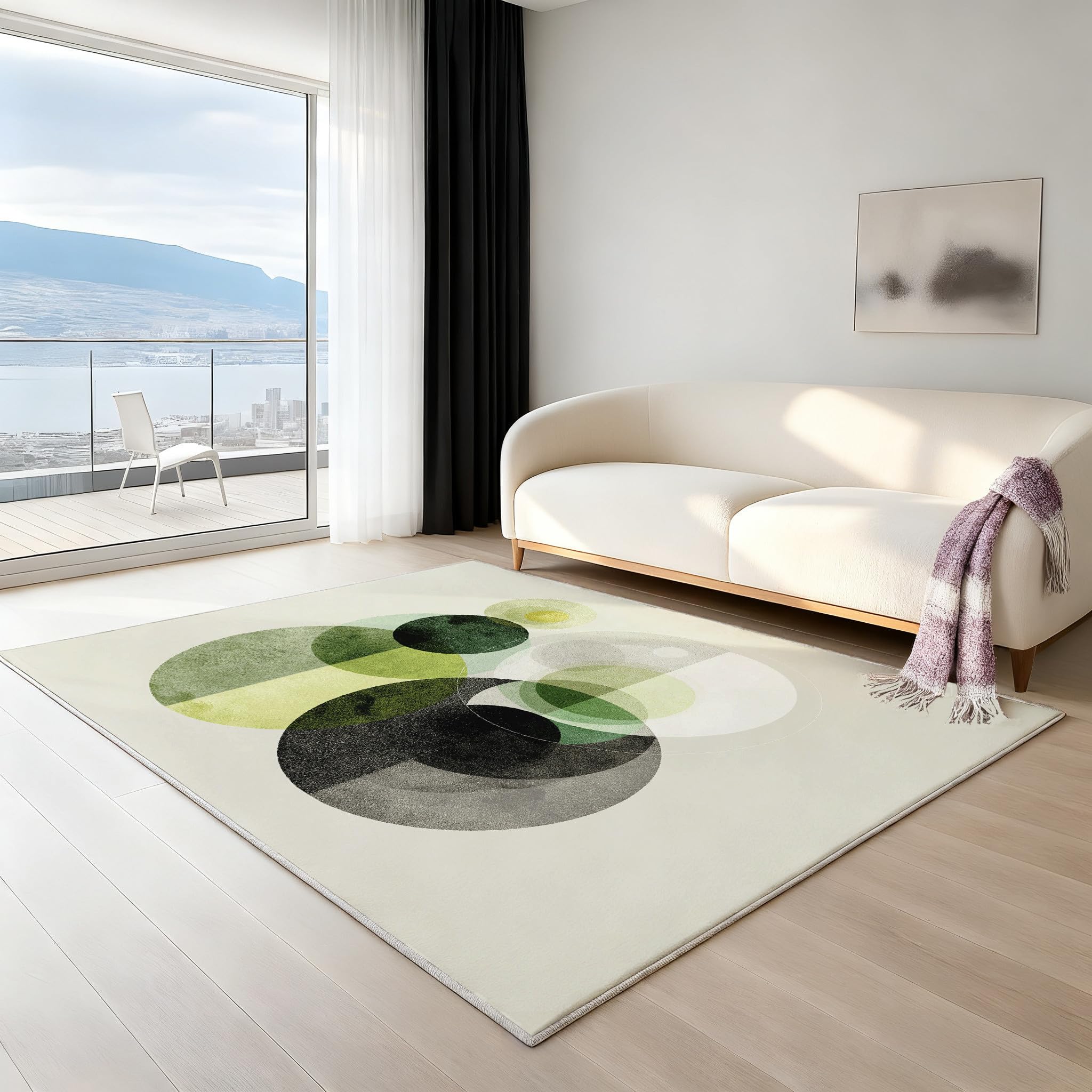 Tapis Salon Vert Sauge Abstrait pour Chambre Enfant & Adulte - 60 x 90 cm Tapis Durable et Antidérapant, Cercles Anneaux Super Doux Rug Salle Lavage en Machine