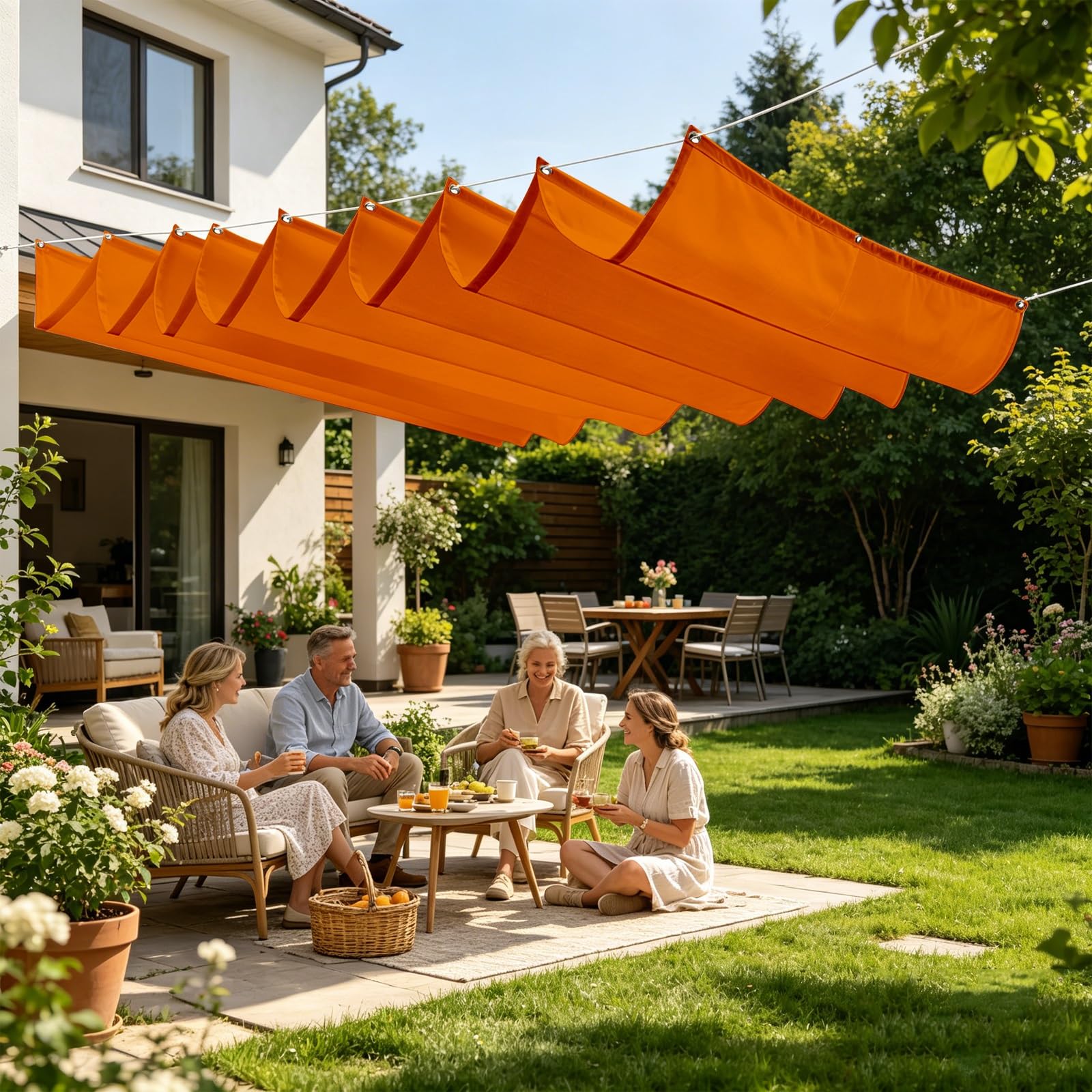 Toldo Retráctil de Onda 100 x 750 cm con Ojales y Cuerda, Vela Sombra Impermeable y Rectangular con Bloqueo UV y Resistencia a Desgarros para Jardín Porche Patio Barbacoa, Naranja