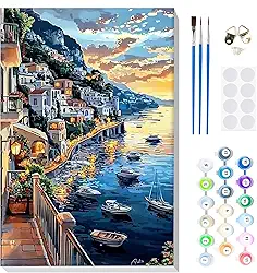 MOGTAA Kit de pintura por números para adultos iniciantes emoldurado, kits de pintura por números para adultos em tela, kits fáceis de pintar por número, kits de pintura a óleo DIY Coastal Town para