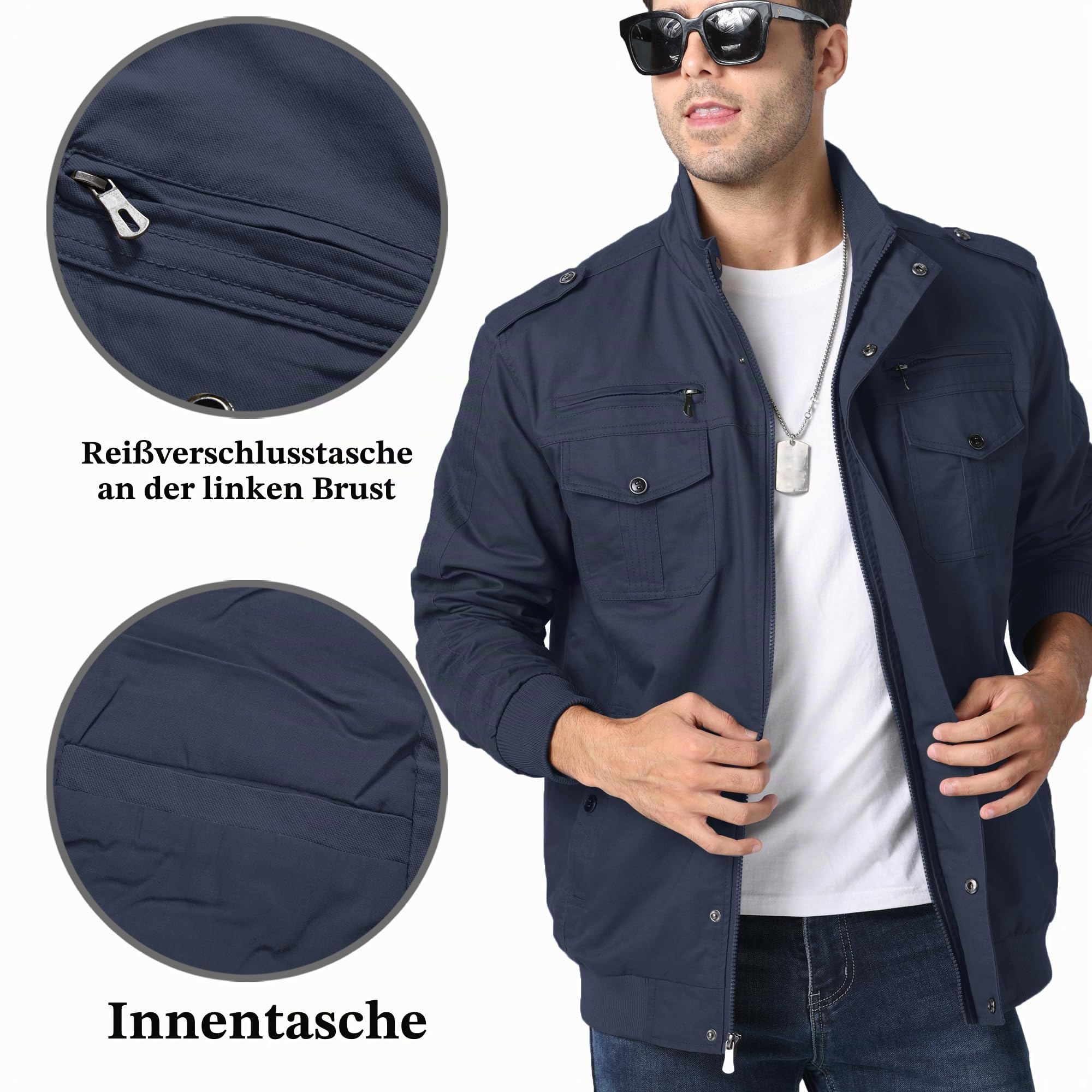 KEFITEVD Herren Übergangsjacke Leicht Herbstjacke Fliegerjacke Stehkragen Bomberjacke Baumwolle Army Feldjacke Cargo Jacke