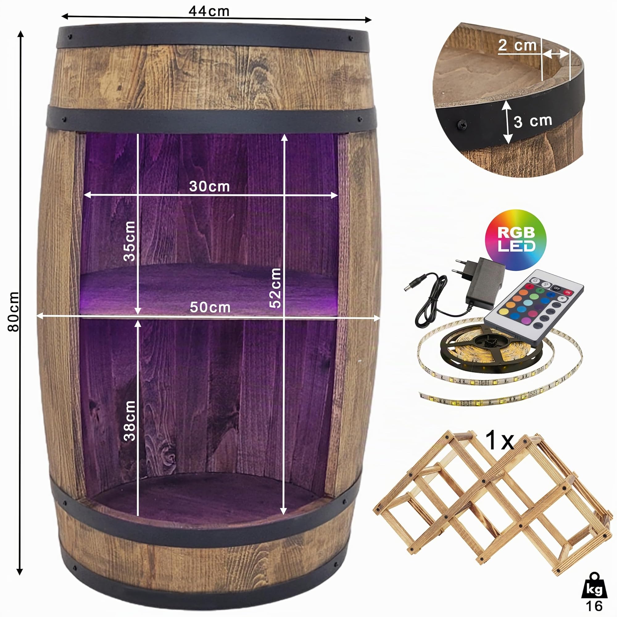 WEECO Tonneau Bar en Bois avec Éclairage LED RGB – Casier à Vin avec 2 Étagères et Porte-Bouteilles – Bar Meuble Rustique – 80x50cm – Marron Foncé