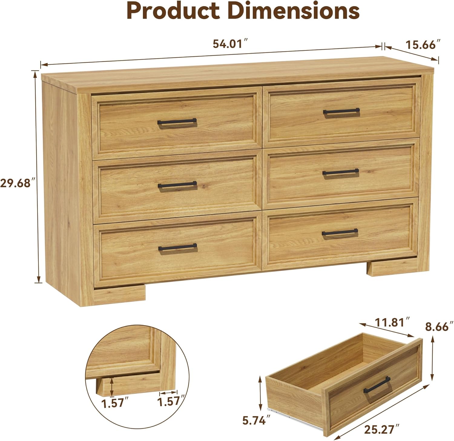 6 Drawer Dresser for Bedroom, 54" Wide Chest of Drawers with Metal Handle, Modern Storage Dressers Organizer for Living Room, Hallway, Natural Oak - Image 2