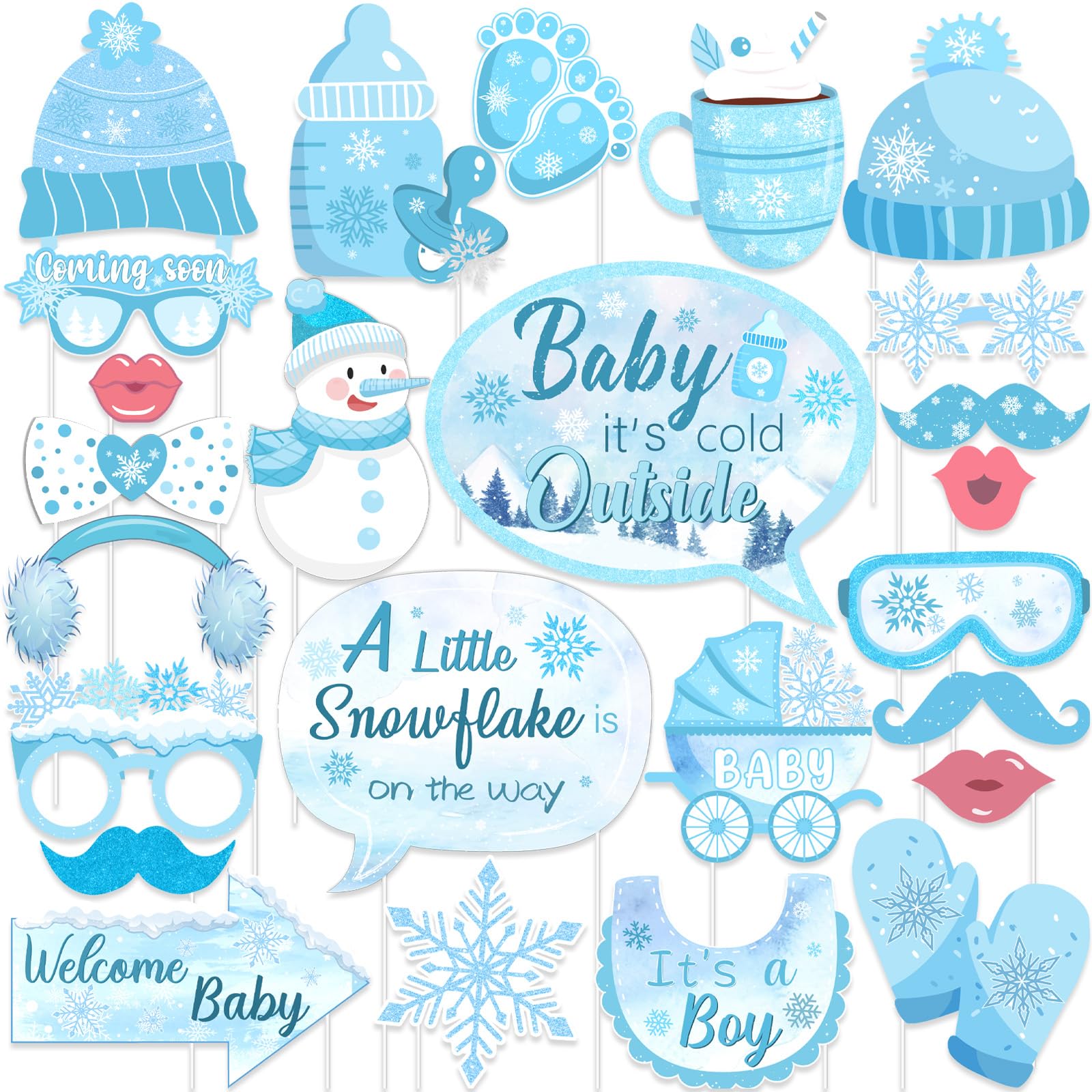 24pcs Winter Snowflake Baby Shower Photo Booth Props Blue Winter Wonderland Baby Shower Decorations Snowflakes Baby Show — toys & kids deal