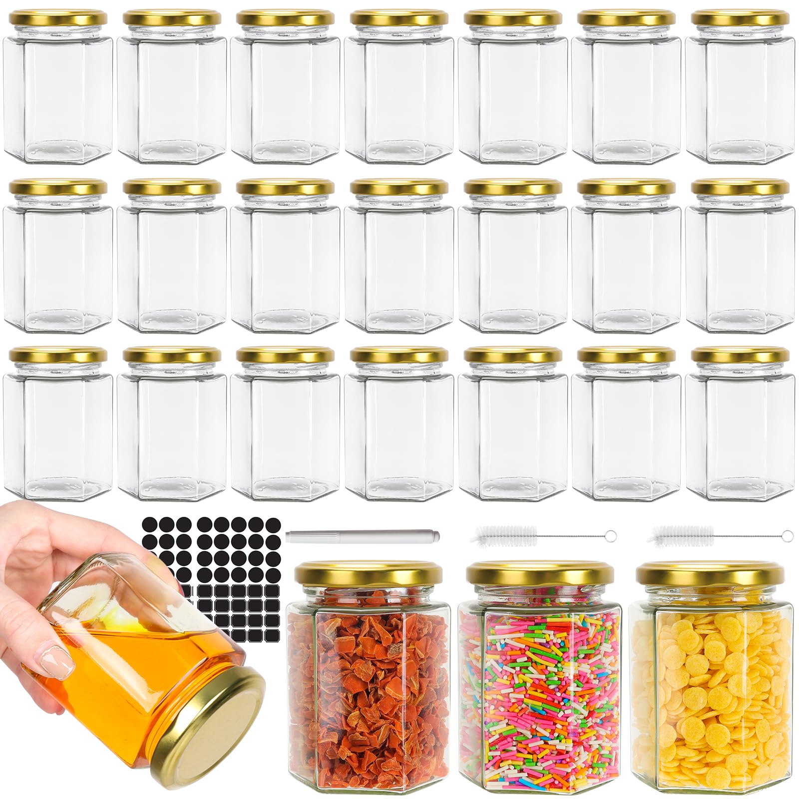 Sponsored Ad – 270 ml Hexagonal Glass Jars with Gold Lids, 24 Pack 9 oz Airtight Canning Jars, Food Storage Jars for Spice, Jam, Honey, Yogurt, Tea, with 2 Brushs and 40 Stickers and1 Pen for Labeling
