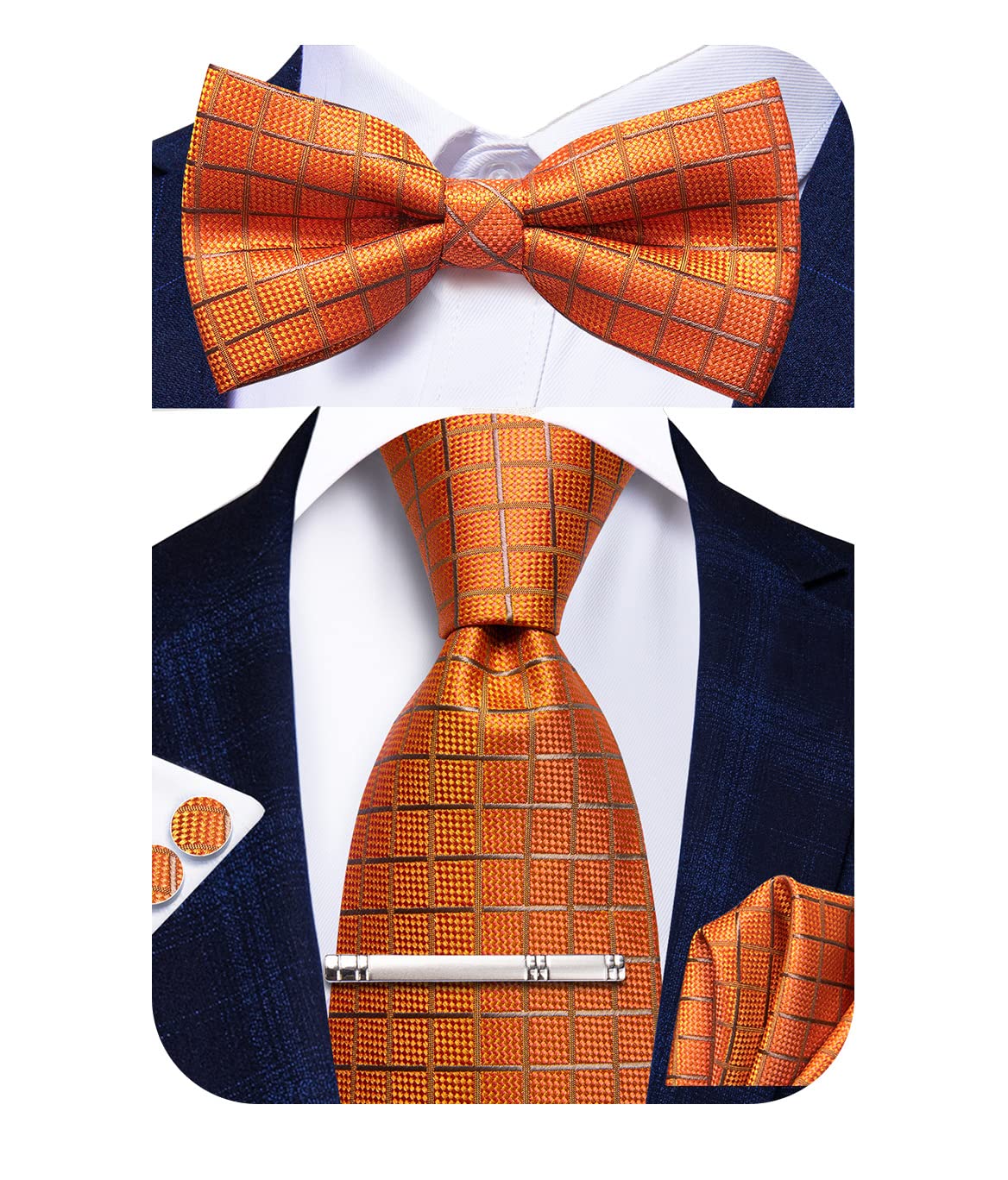 Hi-TieMens Tie and Bow tie 5pc Set Silk Necktie Pretied/Selftie Bow Tie Handky Cufflinks Tie Clip or Lapel Pin Set Tuxedo