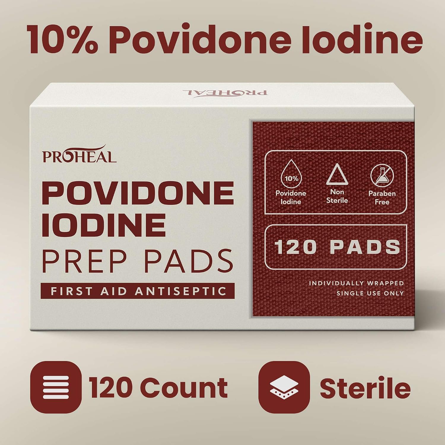 10% Povidone Iodine Prep Pads - 120 Iodine Swabs, Individually Wrapped - First Aid Antiseptic for Cleaning and Keeping Skin Clean
