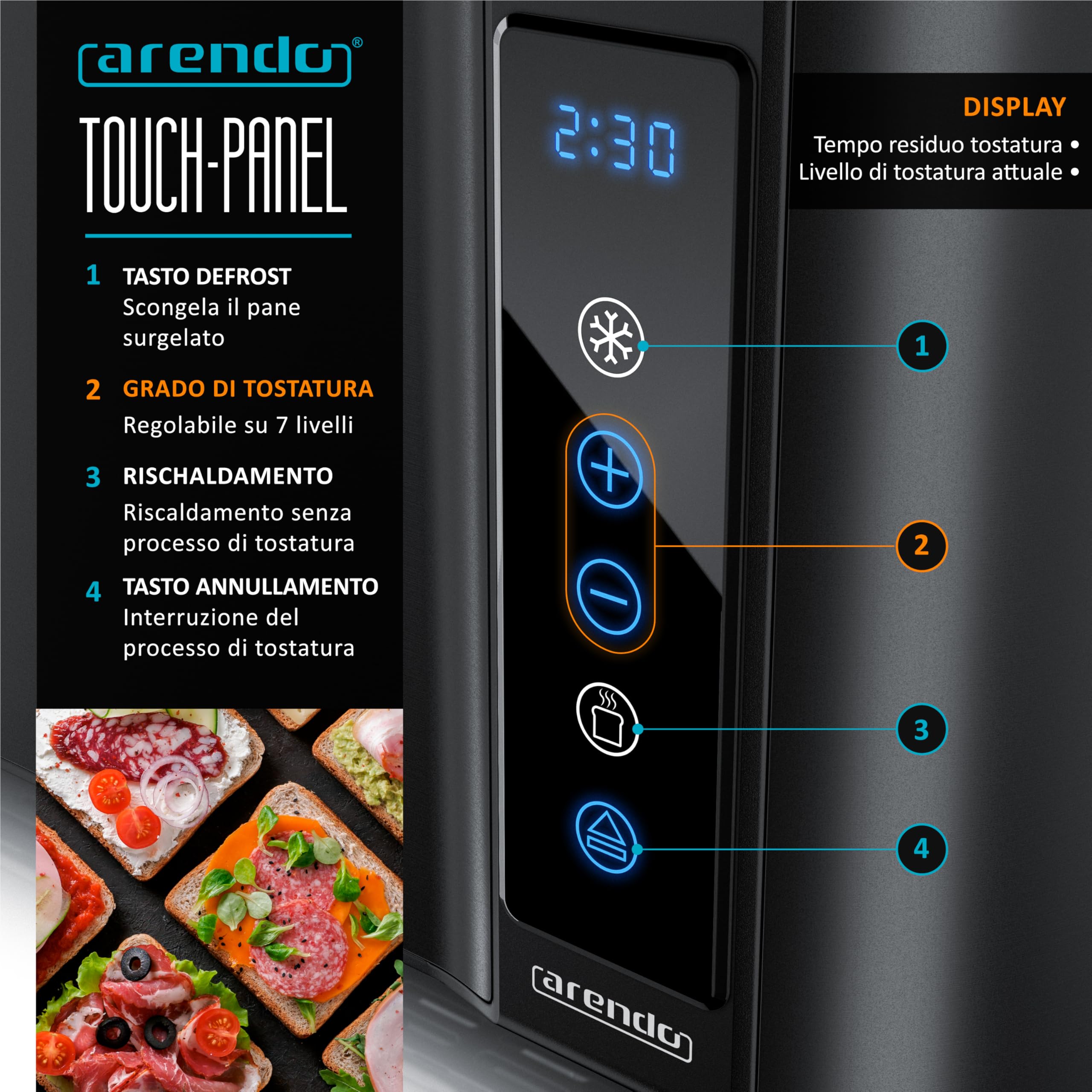 Arendo Tostapane 4 fessure lunghe 1500 W, display touch, doppio guscio, supporto per brioche, 7 livelli di tostatura, centratura e display del tempo rimanente, funzione memoria