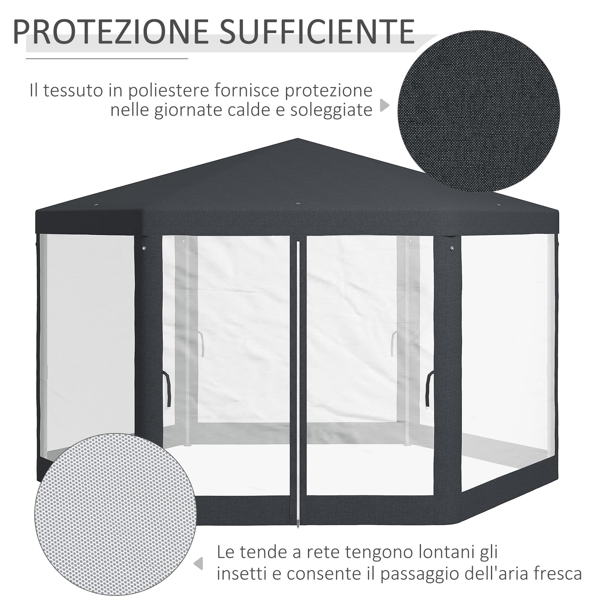 Outsunny Gazebo 4x4 m da Giardino Esagonale con Pareti in Rete, 2 Porte e Gambe Regolabili, Gazebo in Metallo e Poliestere con Picchetti e Funi, Grigio