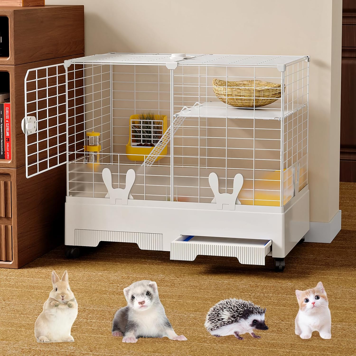 Oneluck Rabbit Cage Indoor,Loft Bunny Hutch with Urine-Proof wall,Leak-Proof Trays, Wheels 28.7" L x 18.1" W x 25.6" H for Rabbits Chinchillas, Guinea Pig and Small Animal