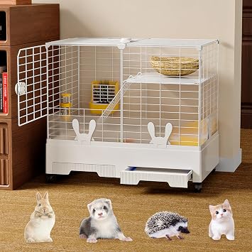 Oneluck Rabbit Cage Indoor,Loft Bunny Hutch with Urine-Proof wall,Leak-Proof Trays, Wheels 28.7" L x 18.1" W x 25.6" H for Rabbits Chinchillas, Guinea Pig and Small Animal
