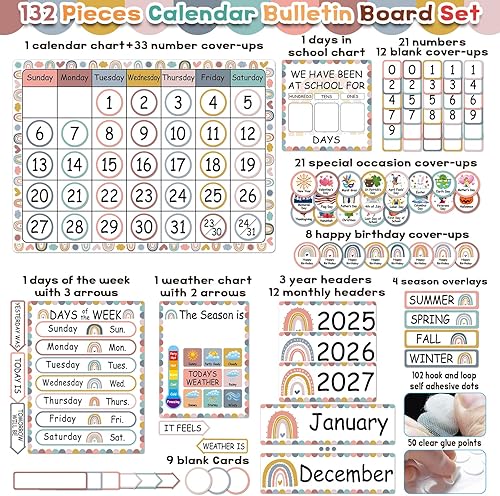 Miniatura 2 de 132 Pieces Boho Rainbow Calendar Bulletin Board Set with Days of The Week, Days in School, Seasons, Festival, Weather Cards for Classroom Home